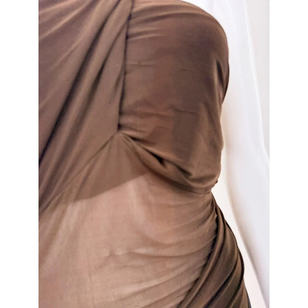 Ronny Kobo Brown One Shoulder Ruched Sheer Draped Mini Dress Size L - Picture 9 of 11